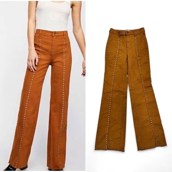 Free People We The Free Studded Boot Cut Jeans 24 X 32 Brown Boho Rockstar - Picture 1 of 9